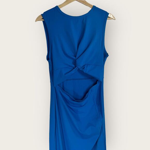 Halara Cut Out Bodycon Midi Dress | Large | Blue High Neck Leg Slit Drawstring - Picture 3 of 9
